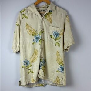 Tommy Bahama Cream and Blue Floral Shirt Silk Size Large